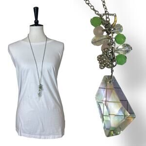 Cookie Lee Charm Necklace Bracelet Crystal Pendant Pink Mint Silver 20” Length